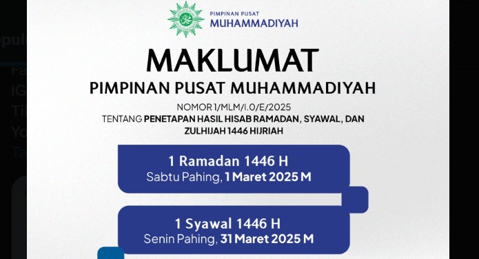 Pimpinan Pusat Muhammadiyah menetapkan awal Ramadan 1446 Hijriah jatuh pada Sabtu, 1 Maret 2025. (X@muhammadiyah)